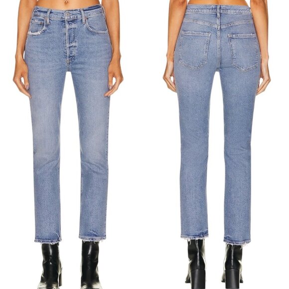 Agolde Riley Long Straight Leg Jeans Size 27 In Cove Wash Faded Denim Distressed - Picture 15 of 15